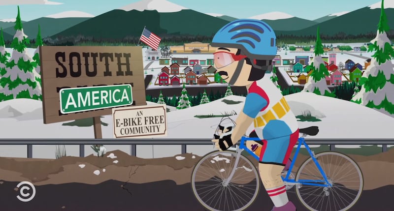 South Park, Randy biking by the town's new sign