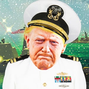 A photoillustration illo of Donald Trump and U.S. Navy graphic of the planned Trump-class USS Defiant (BBG-1) battleship.