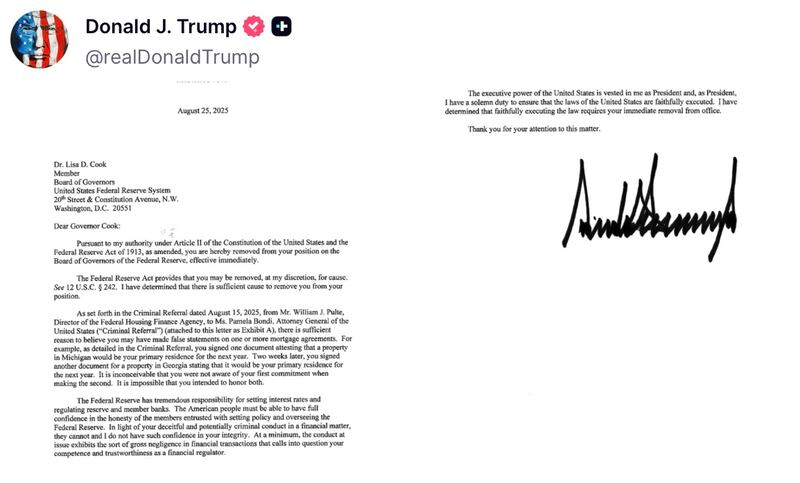 Donald Trump posts his Lisa Cook termination letter on Truth Social.