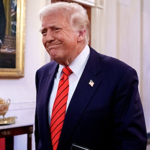 U.S. President Donald Trump arrives to the East Room of the White House on February 5, 2025 in Washington, DC.