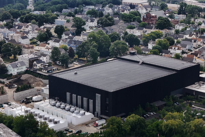 A drone view shows The Markley Group data center in a residential neighborhood in Lowell, Massachusetts, U.S., July 28, 2026.