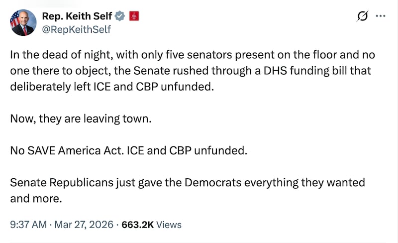 Rep. Self slams how the Senate passed the funding bill before skipping town.