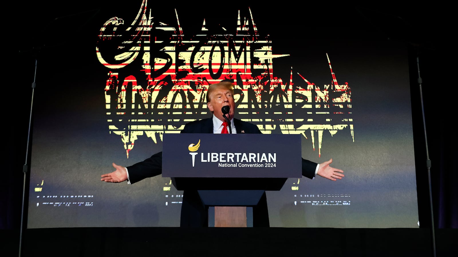 Former U.S. President and Republican presidential candidate Donald Trump addresses the Libertarian Party National Convention at the Washington Hilton on May 25, 2024 in Washington, DC.