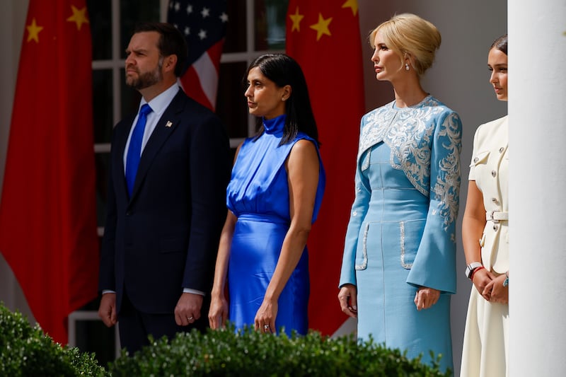 U.S. Vice President JD Vance, second lady Usha Vance, Ivanka Trump, and Arabella Rose Kushner watch a military review for President of China Xi Jinping in the Rose Garden at the White House on September 24, 2026 in Washington, DC.