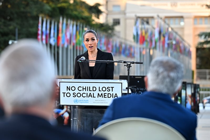 Meghan Markle’s address was at the inauguration of the Lost Screen Memorial in Geneva, Switzerland, at the European headquarters of the United Nations.