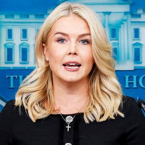 The White House press secretary Karoline Leavitt, speaks during a press briefing in the James S. Brady Press Briefing Room of the White House, on August 28, 2025, in Washington D.C. (Photo by Mehmet Eser / Middle East Images via AFP) (Photo by MEHMET ESER/Middle East Images/AFP via Getty Images)