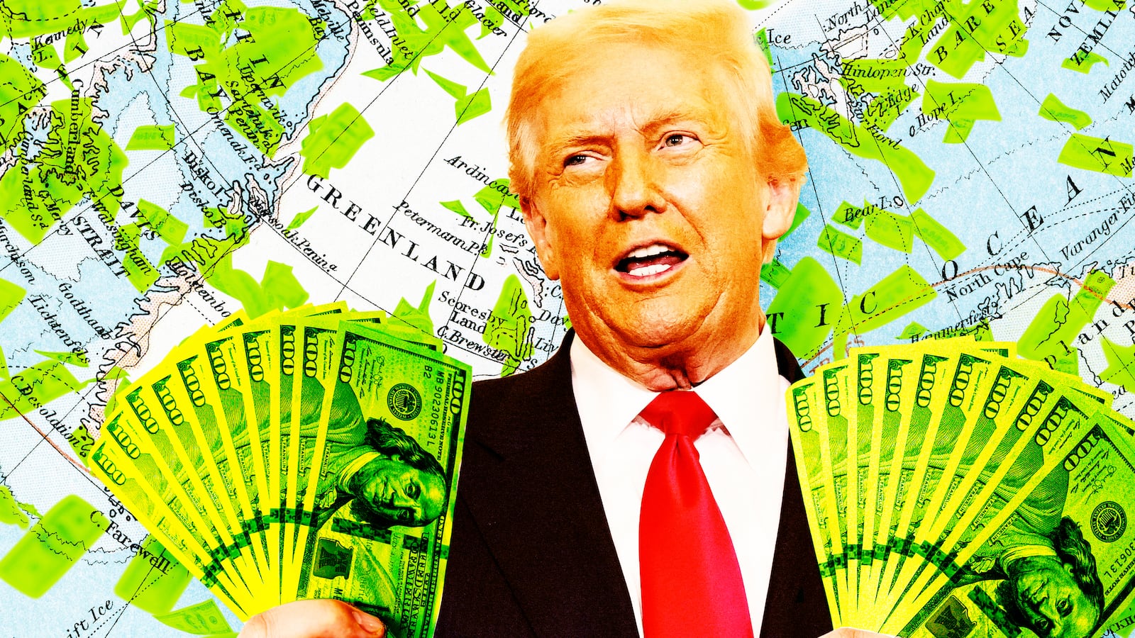 A photo illustration of Donald Trump holding money in front of a map of Greenland.