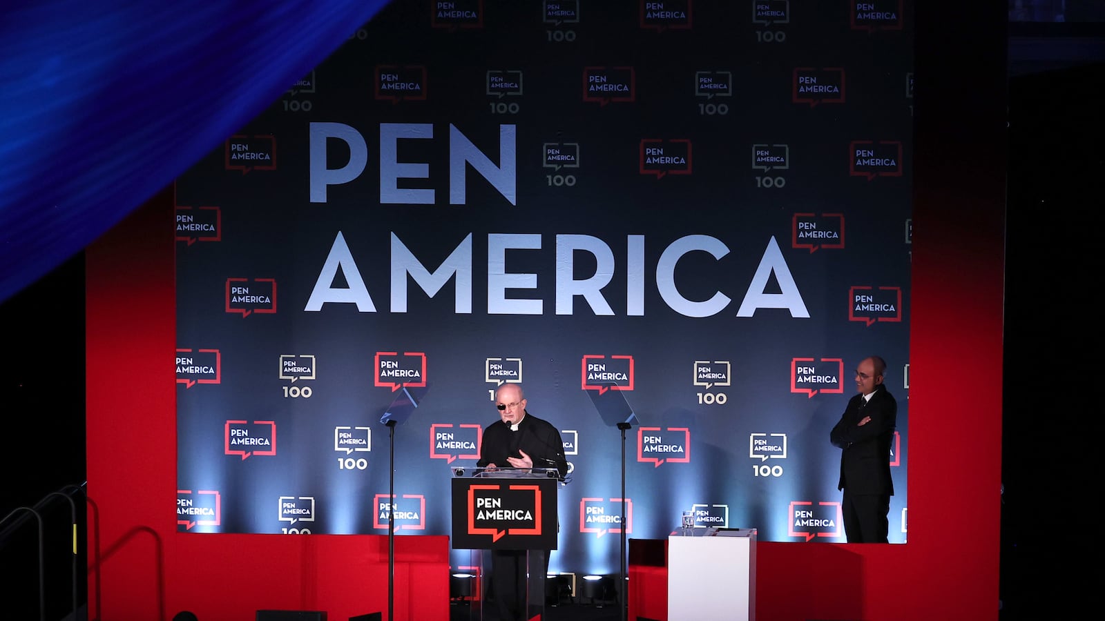 Honoree Salman Rushdie speaks on stage at the 2023 PEN America Literary Gala.