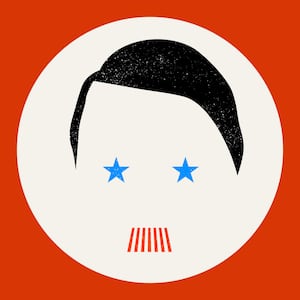 Illustration of Adolf Hitler with blue stars as eyes and red and white stripe mustache