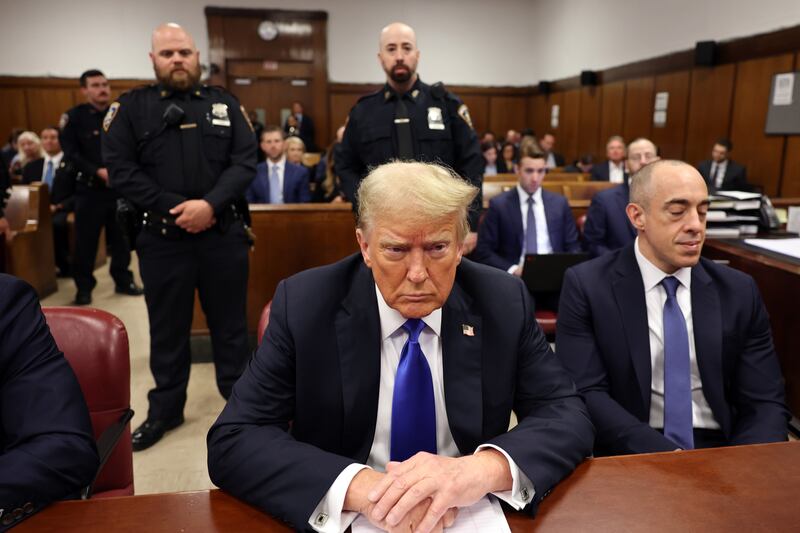 NEW YORK, NEW YORK - MAY 30: Former U.S. President Donald Trump sits in the courtroom during his hush money trial at Manhattan Criminal Court on May 30, 2024 in New York City. The second day of jury deliberations in the hush money trial of the former president are underway. Michael Cohen's $130,000 payment to Stormy Daniels is tied to former U.S. President Trump's 34 felony counts of falsifying business records in the first of his criminal cases to go to trial.