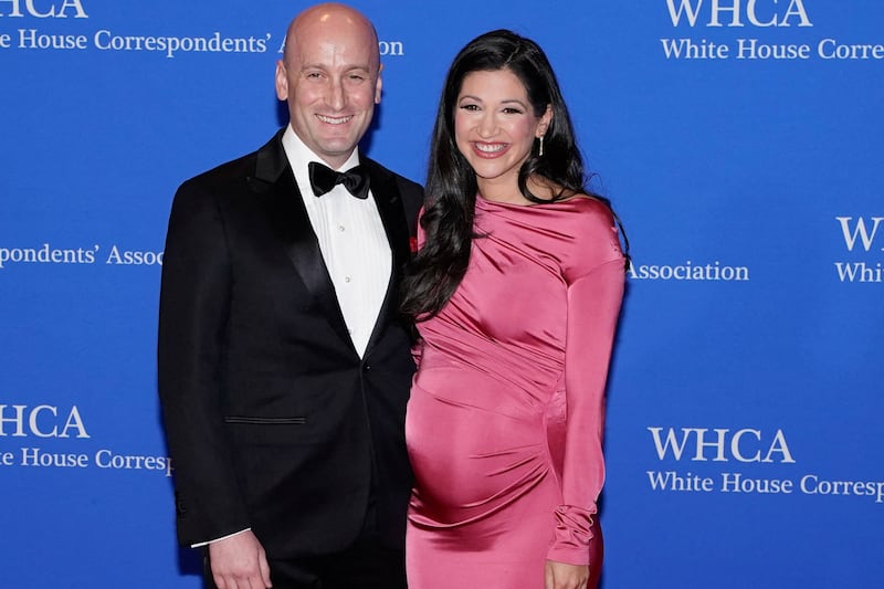 White House Deputy Chief of Staff Stephen Miller and his wife Katie Miller pose on the red carpet for the 2026 White House Correspondents' Association (WHCA) dinner in Washington, D.C., U.S., April 25, 2026. REUTERS/Elizabeth Frantz