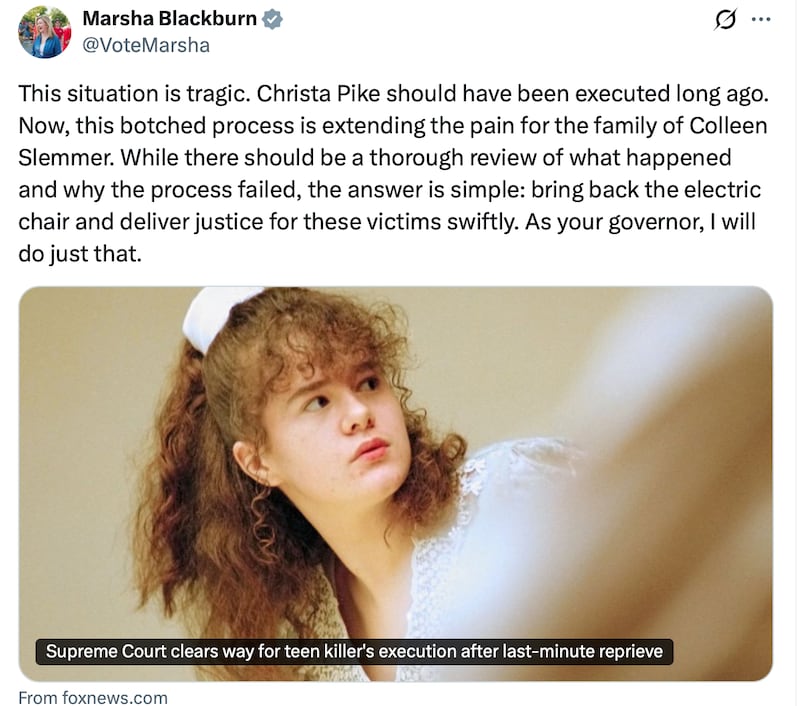Marsha Blackburn weighs in on Christa Pike's failed execution.
