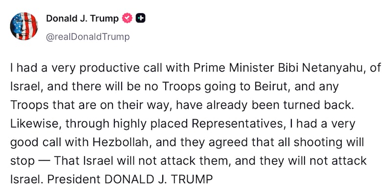 Trump's first Truth Social post about his conversation with Netanyahu.