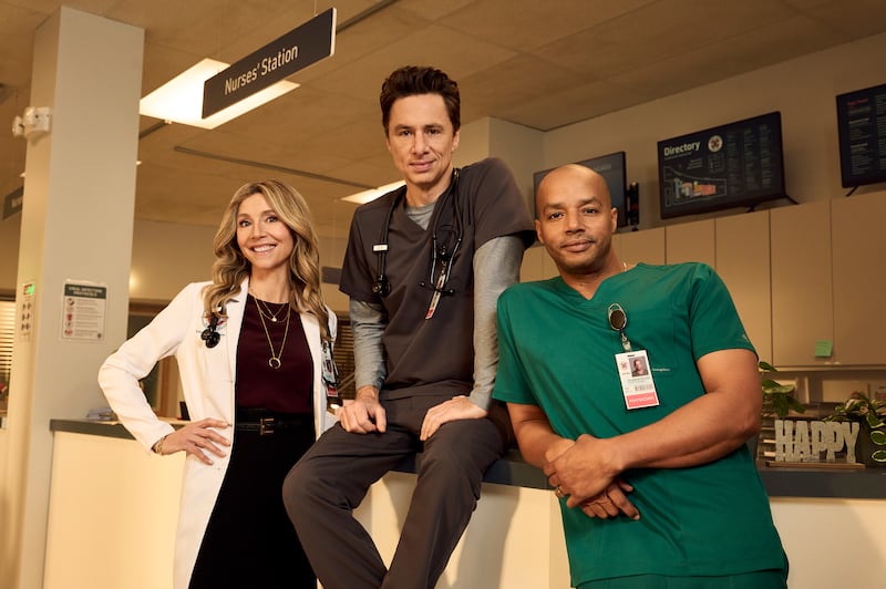 ABC's “Scrubs” stars Sarah Chalke as Elliot Reid, Zach Braff as John "J.D." Dorian, and Donald Faison as Christopher Turk.