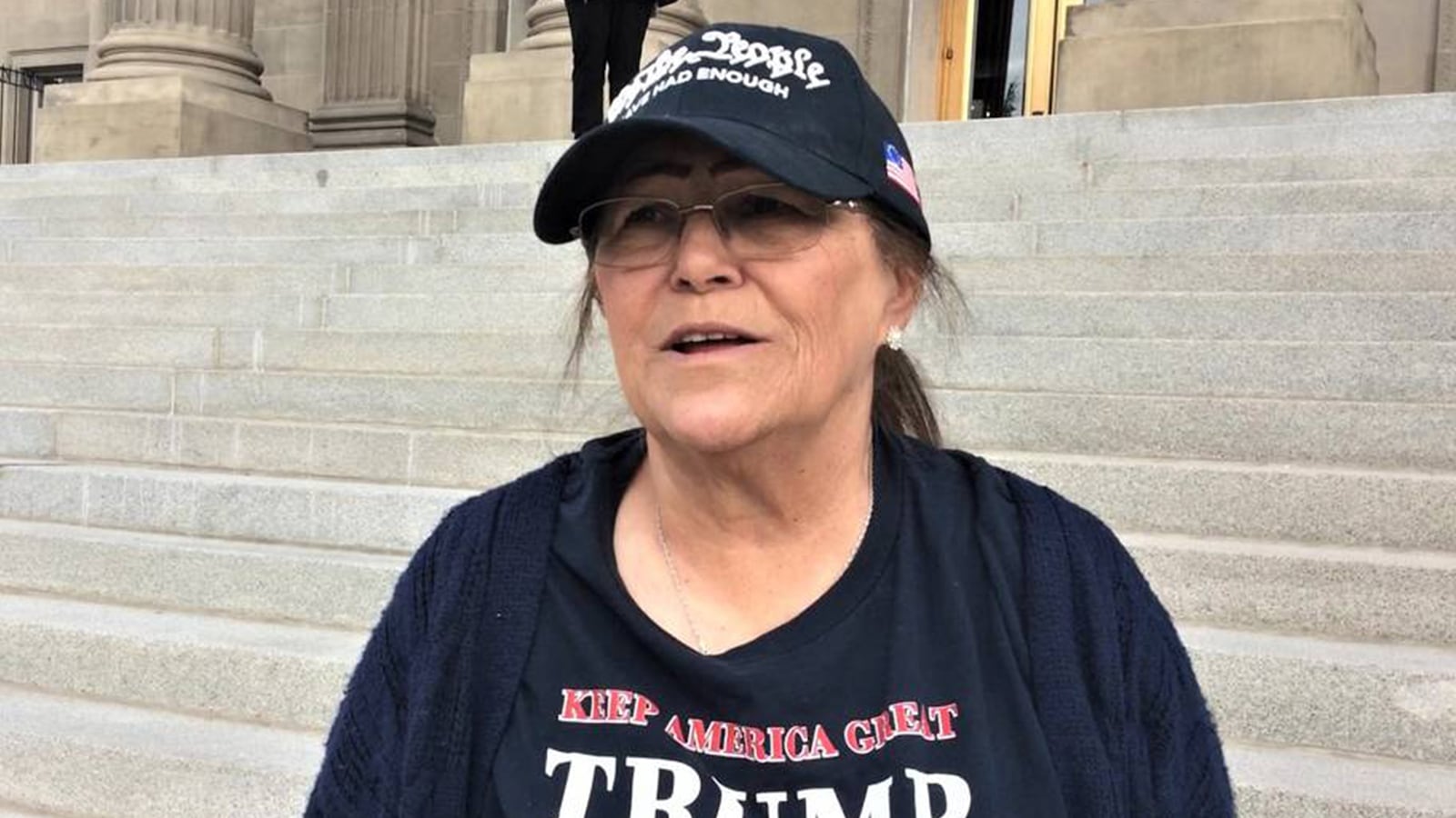 Boise's Pam Hemphill is seen on the steps of the Idaho Capitol in 2020. A former Trump supporter, she has since changed her stance on the Jan. 6, 2021, riot at the U.S. Capitol that she participated in. (David Staats/Idaho Statesman/Tribune News Service via Getty Images)
