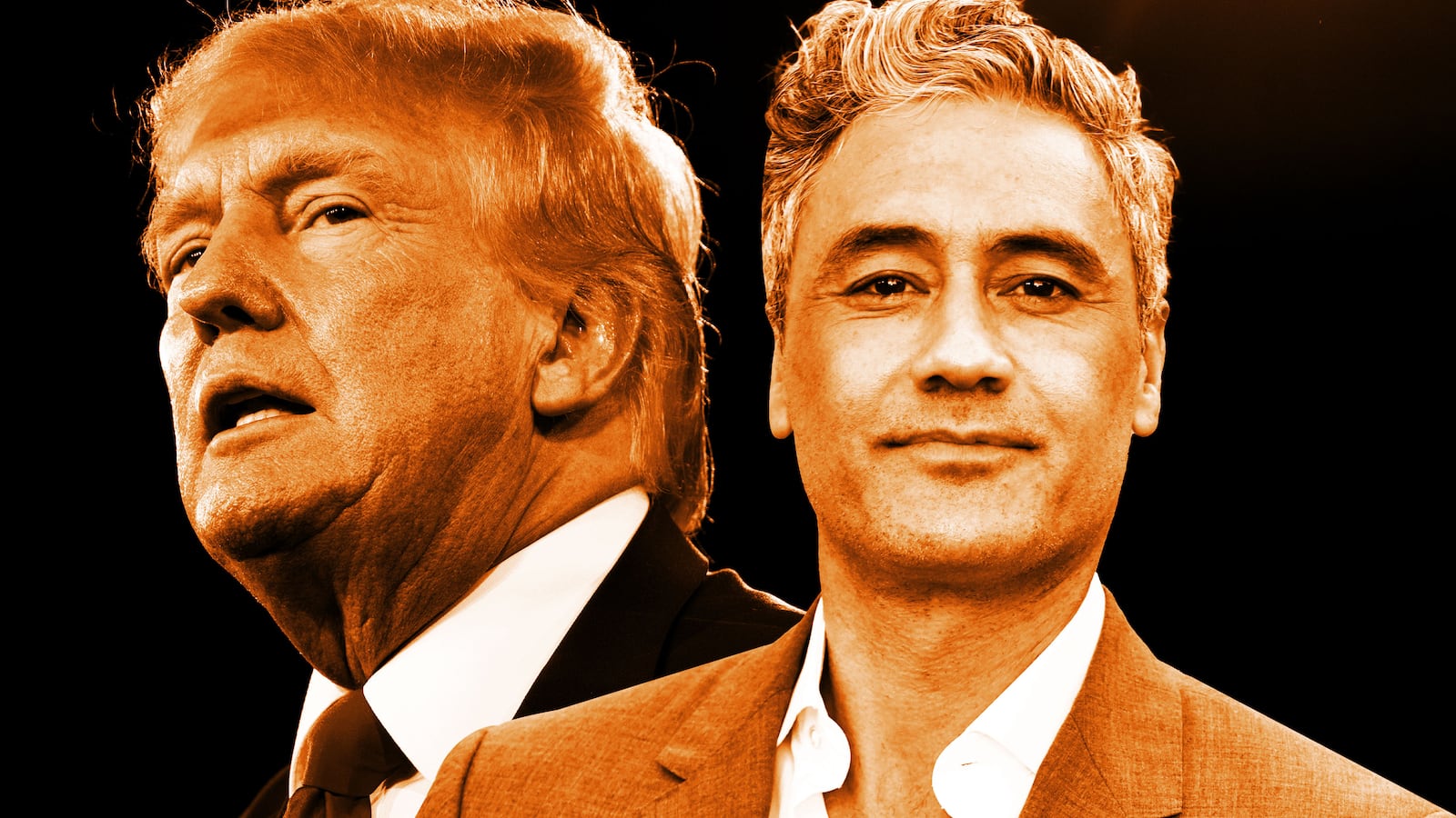 An illustration including Taika Waititi and Former US President Donald Trump