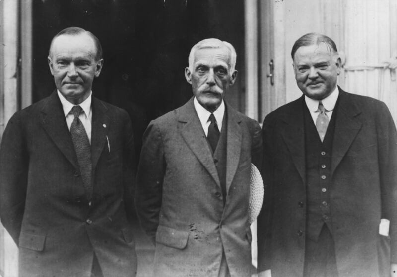 The Pentagon donor’s grandfather, Andrew Mellon, stands between presidents Calvin Coolidge (left) and Herbert Hoover (right), in 1924.