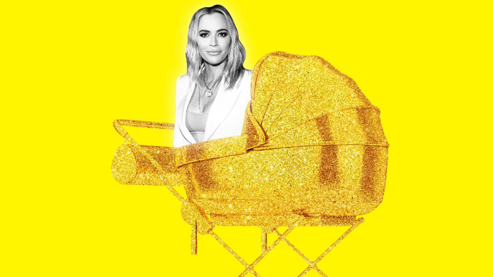 An illustration including a photo of Teddi Mellencamp and a Golden Stroller