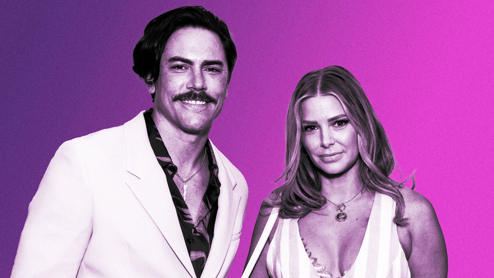 An illustration including a photo of Tom Sandoval and Ariana Madix