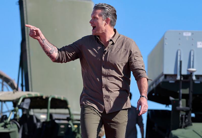 U.S. Secretary of War Pete Hegseth walks onstage before speaking at the United States Marine Corps 250th birthday celebration at Marine Corps Base Camp Pendleton on October 18, 2025 in Oceanside, California.