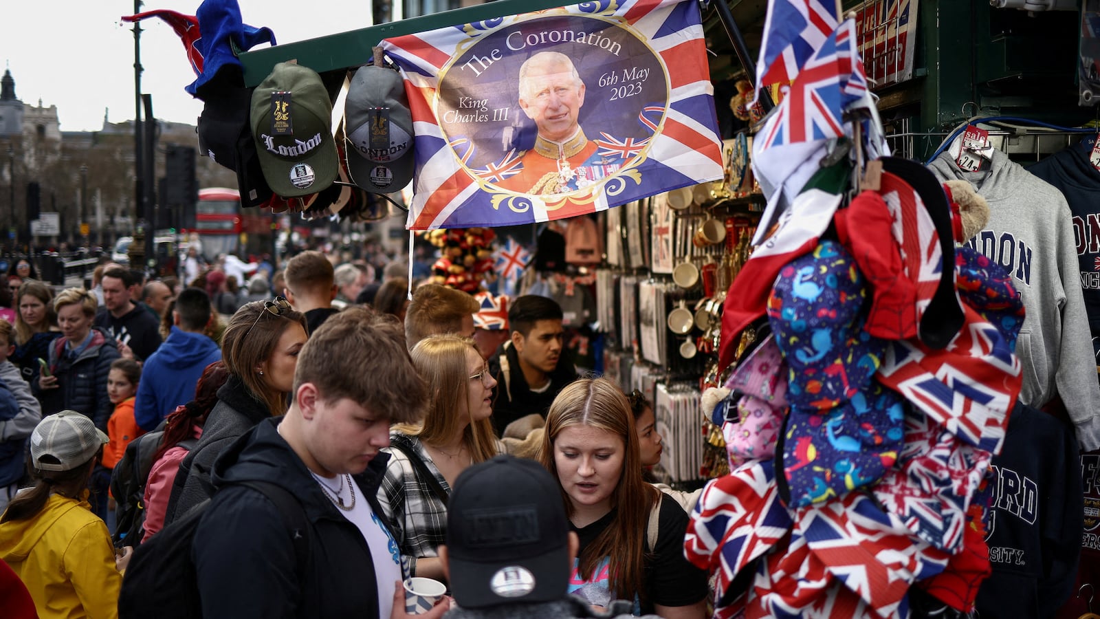 A tourist shop showing King Charles memorabilia.