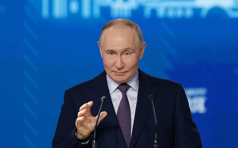 Russian President Vladimir Putin speaks during the Congress of the Russian Union of Industrialists and Entrepreneurs in Moscow, Russia March 26, 2026.