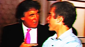 Distorted image of Donald Trump and Jeffrey Epstein