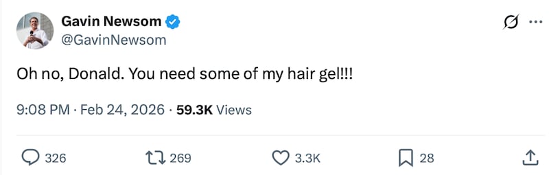 Newsom made fun of Trump's out-of-place hair as he entered the House chamber for his State of the Union address.