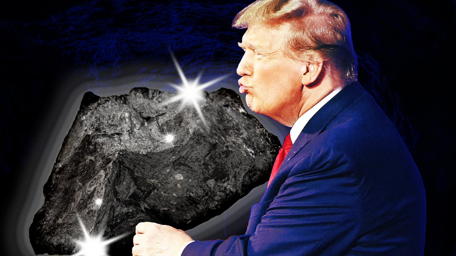 Trump kissing a piece of coal.