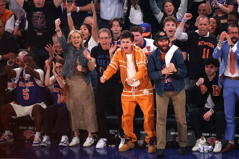 Ben Stiller and Timothee Chalamet react in the first quarter between the New York Knicks and the San Antonio Spurs during game three of the 2026 NBA Finals at Madison Square Garden