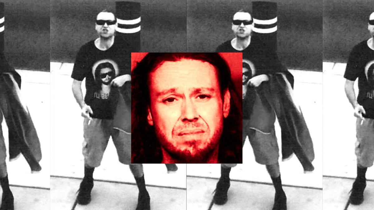 A photo illustration of John Anthony Miller’s previous mug shot with screenshots of him yelling in the background.