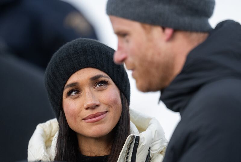 WHISTLER, BRITISH COLUMBIA - FEBRUARY 10: Meghan, Duchess of Sussex and Prince Harry, Duke of Sussex attends the Skeleton Finals during day two of the 2025 Invictus Games on February 10, 2025 in Whistler, British Columbia. (Photo by Samir Hussein/WireImage)