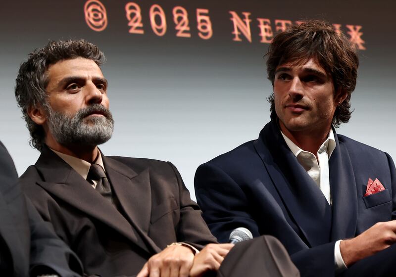 Oscar Isaac and Jacob Elordi speak onstage during Netflix's "Frankenstein" North American premiere on September 08, 2025 in Toronto, Ontario.