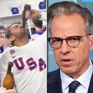 Kash Patel chugging a beer and Jake Tapper.