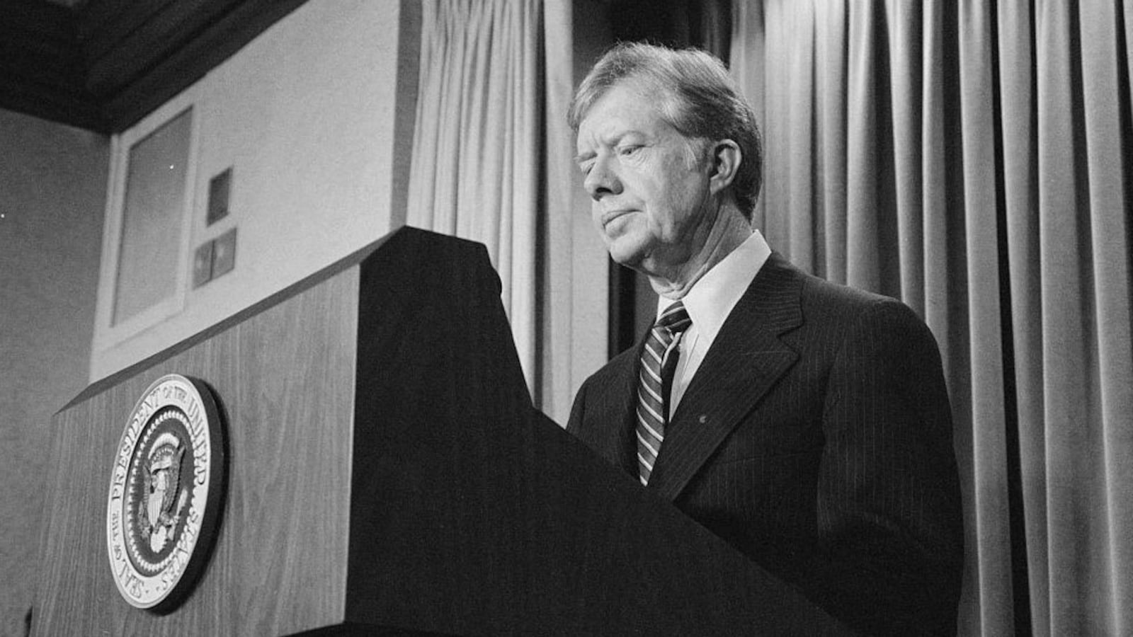 U.S. President Jimmy Carter announces new sanctions against Iran in retaliation for taking U.S. hostages, at the White House, Washington, D.C., U.S., April 7, 1980.