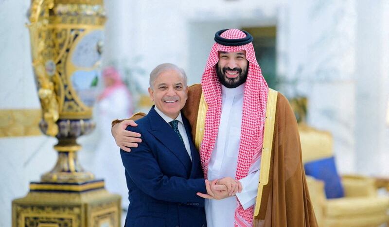 Saudi Crown Prince Mohammed bin Salman meets with Pakistan's Prime Minister Shehbaz Sharif in Jeddah, Saudi Arabia, April 15, 2026.