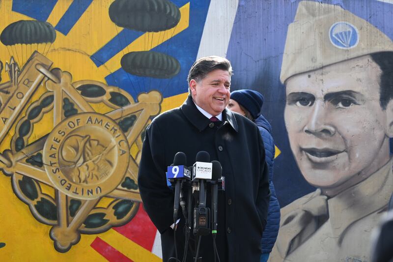 Illinois Gov. JB Pritzker attends a Veterans Day ceremony in the Little Village neighborhood