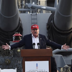 TOPSHOT - Republican presidential candidate Donald Trump gives a national security speech aboard the World War II Battleship USS Iowa, September 15, 2015, in San Pedro, California.   AFP PHOTO /ROBYN BECK (Photo by Robyn BECK / AFP) (Photo by ROBYN BECK/AFP via Getty Images)