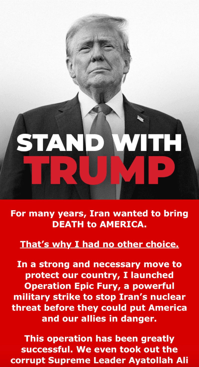 Donald Trump fundraising message US military strikes on Iran to ask for donations from supporters.