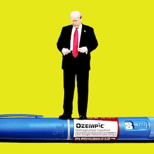 Donald Trump standing on a giant Ozempic pen.
