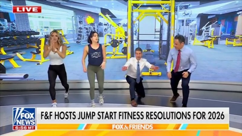 Lara Trump exercising on Fox and Friends on Friday, January 2, 2025. She is joined by trainer Danelle Rivera and host Brian Kilmeade.