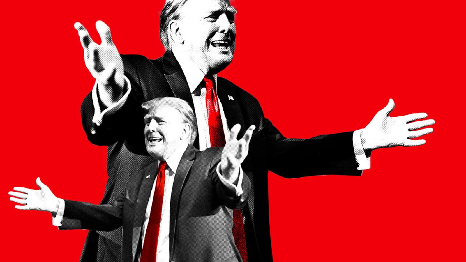 A photo illustration of Donald Trump with his arms stretched out.