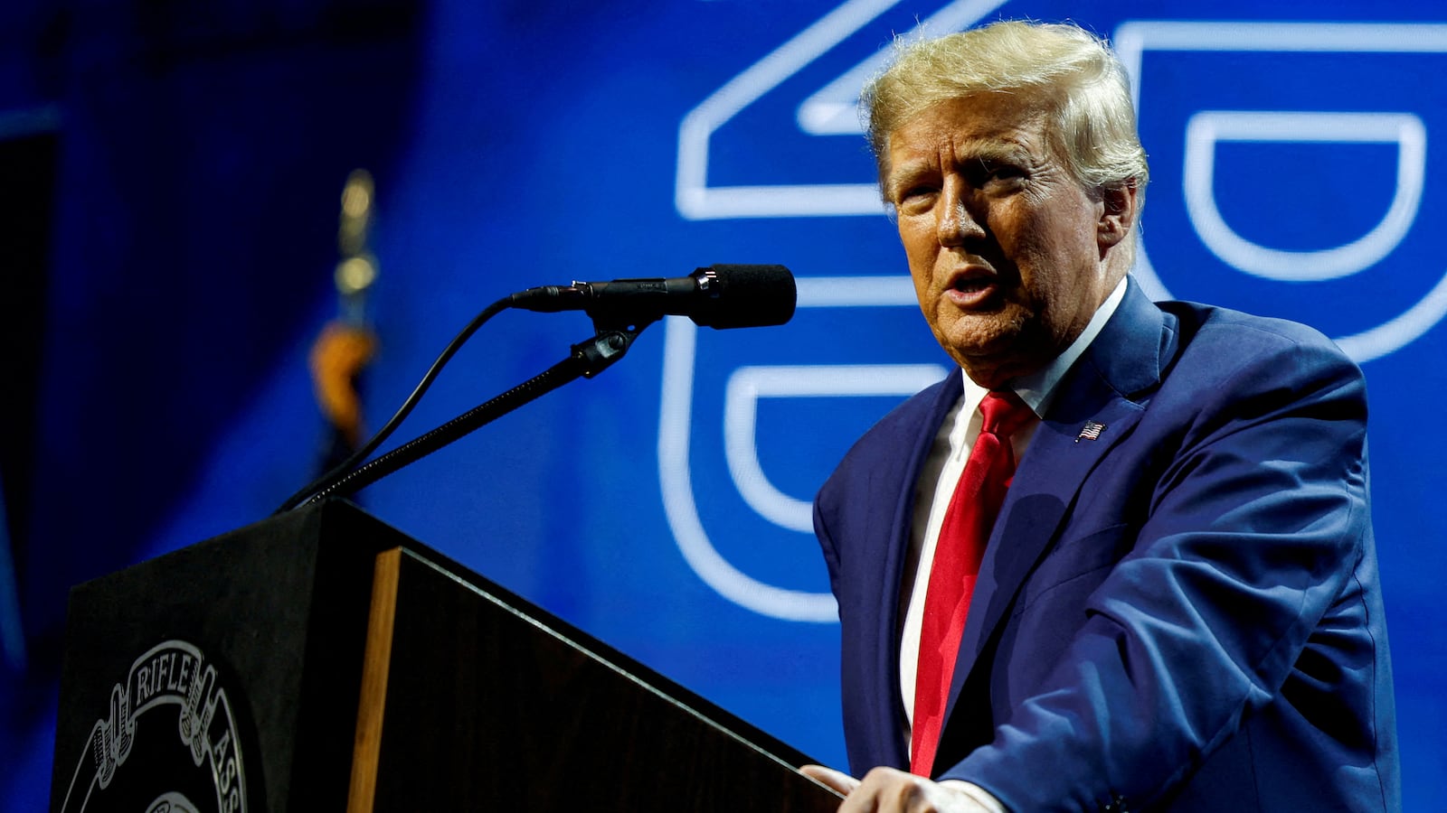 Former U.S. President Donald Trump speaks at the National Rifle Association (NRA) annual convention in Indianapolis, Indiana, U.S., April 14, 2023.