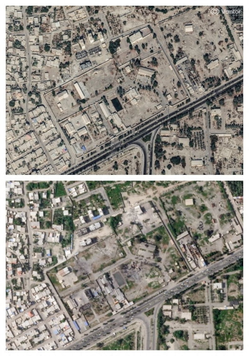 A combination of satellite images shows the Shajareh Tayyebeh girls' school in Minab, Iran, before (above) and after being struck amid the U.S.-Israeli conflict with Iran.
