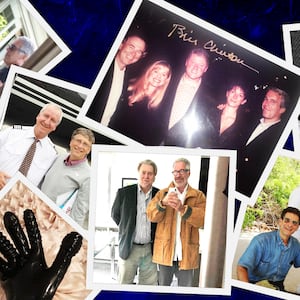 A photo illustration of a collage of photographs of Jeffrey Epstein, Bill Clinton, Woody Allen, Richard Branson, and Donald Trump.