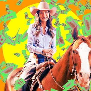 A photo illustration of Secretary of Homeland Security Kristi Noem riding a horse and money flying.