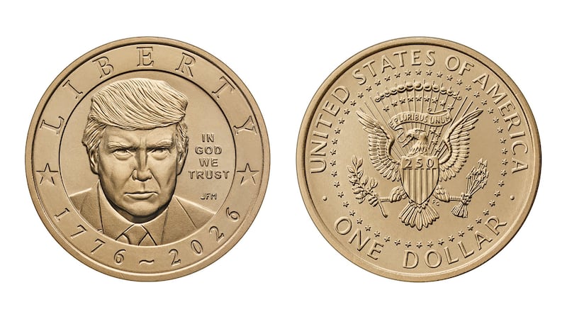 An image of a proposed one-dollar coin featuring Trump's face.
