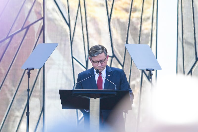 US Speaker of the House Mike Johnson delivers a prayer during "Rededicate 250: A National Jubilee of Prayer, Praise and Thanksgiving" on the National Mall in Washington, DC, on May 17, 2026.