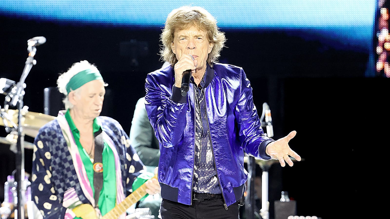 Keith Richards (L) and Mick Jagger of The Rolling Stones perform during the final night of the Hackney Diamonds '24 Tour at Thunder Ridge Nature Arena on July 21, 2024