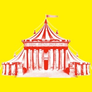 The Supreme Court building made to look like a circus tent on a yellow background